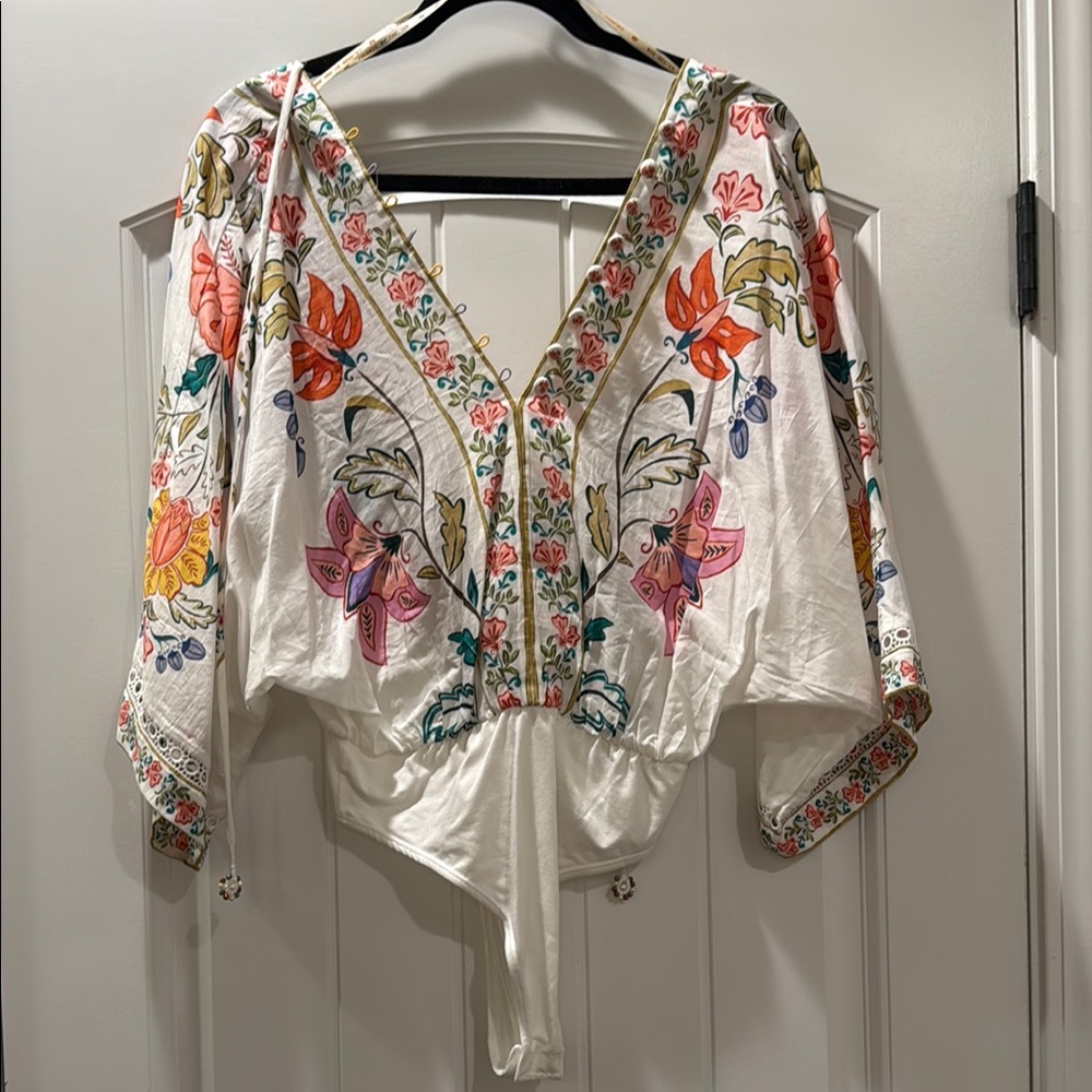 FARM Rio White Cream Tie Front Embellished Blouse